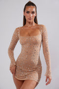 Zeta - Elegant Mini Dress with Long Sleeves and Shimmering Crystals, A-Line Style in Almond Color