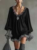 Mini Loose Dress in Black Faux Suede with Ruffles and Straps - Comfortable and Stylish