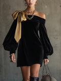 Black Mini Velvet Dress with Golden Satin Details and Cut-Out Shoulders