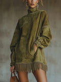High Collar Lace Faux Suede Dress - Elegant and Comfortable