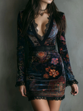 Mini Slim-fit Dress with Velvet Floral Pattern and Lace at the Neck