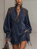 Indigo Synthetic Suede Mini Dress with High Embroidered Collar and Fringes