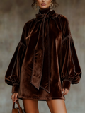 Mini Dress with Lantern Sleeves in Dark Brown Velvet | Elegant and Sophisticated