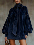 Mini Dress with Lantern Sleeves in Navy Velvet - Elegant and Retro
