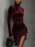 Fitted Mini Dress with High Collar in Burgundy Velvet and Lace - Sophisticated Elegance