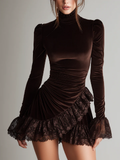 Mini Velvet Dress in Brown - High Collar and Lace Ruffles
