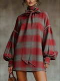 Mini Dress with Lantern Sleeves in Red-Gray Check - British Retro Style
