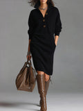 Midi Knit Dress for Women with High Collar and Buttons – Ivonna